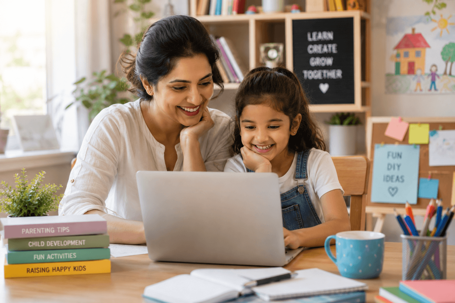 A mother and daughter smiling together while reading a parenting and activities blog on a laptop