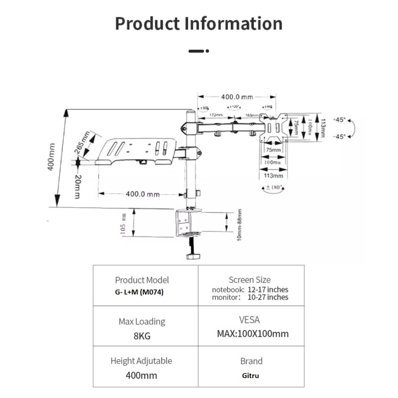 GITRU Height Adjustable Monitor Stand with Laptop Notebook Stand Monitor Mount for 13-27 Screen