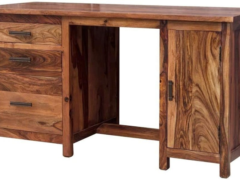 Crystal Wooden Art Sheesham Wood Teak Finish Writing Study Table with 3 Drawers & Cabinet Storage for Home and Office