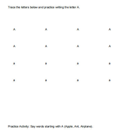 Alphabet Tracing Worksheet A (Free Printable PDF)