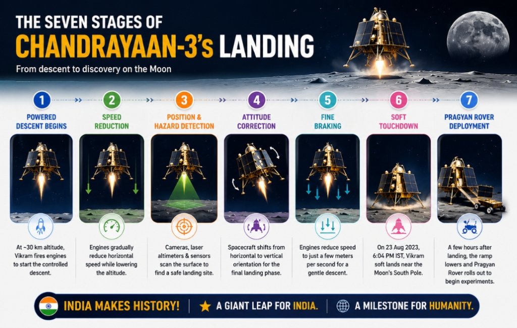 the seven stages of chandrayaan-3's landing