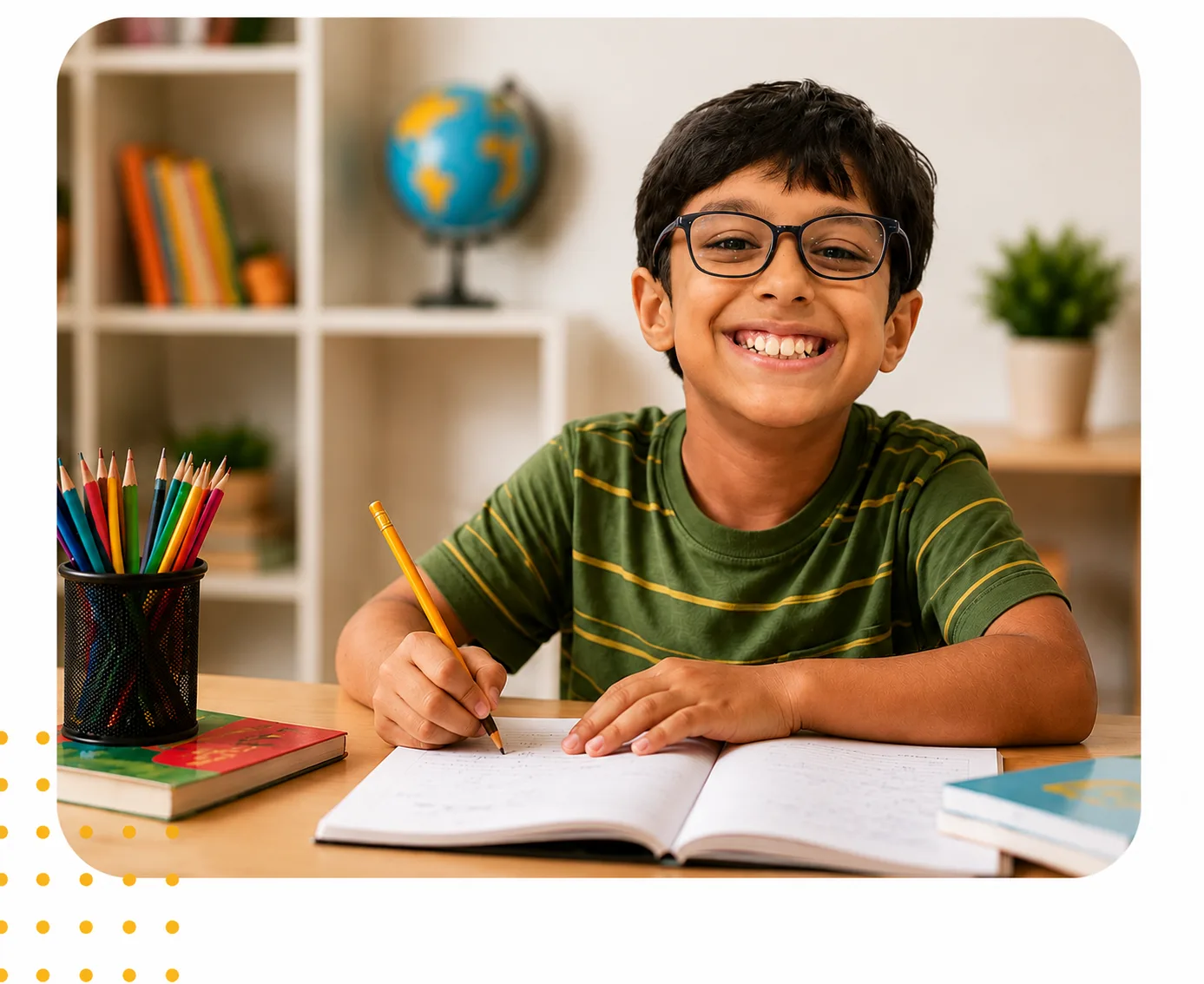 A young boy focused on a hands-on learning activity at his desk