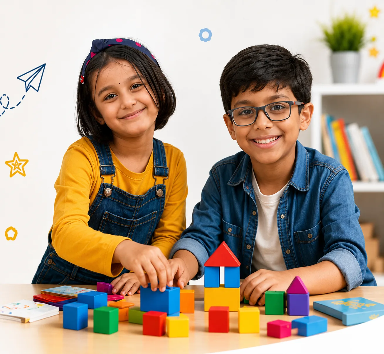A young girl joyfully building a tower with colourful wooden blocks